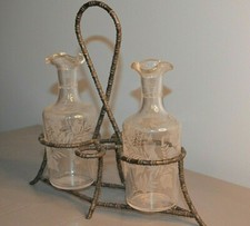Wrought Iron Servant Oil and Vinegar Crystal Engraved