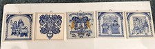 Lot of 5 Vintage Delft Holland Hand Made Ceramic Tiles Pharmacy Apothecary Blue