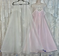 VTG NWOT L XL PRINCESS Db Sheer White Chiffon Cape Peignoir Robe PINK Nightgown