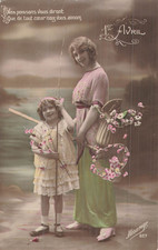 CP 1 APRIL WOMAN BAG NUISETTE FLOWERS LITTLE GIRL FISHING ROD - 12949