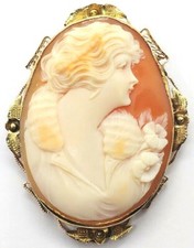 Elegant Antique Solid 14k Gold Shell Cameo Brooch Pendant Pink