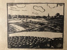 Beautiful Wood Engraving Ink Landscape Village Monogram FS 1960 Identifying Art
