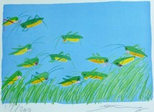 WALASSE TING Busy Bodies Lucky Grasshoppers 1981 HAND SIGNED LITHOGRAPH Art