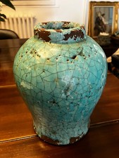 Vase en terre cuite émaillée craquelé (vert turquoise) années 1950