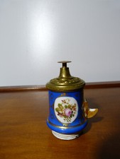 Antique 19th Century 19th Century Paris Porcelain Inkwell Top Blue Background Gilding Flower