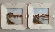 2 Antique Square Decorative Plates - AUXERRE - Yonne Cathedral Bridge