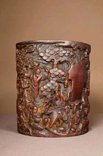 Pot à pinceaux chinois bambou sculpté scène lettrés anciens bois laqué Asie art