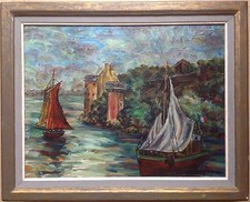 Léon Jacquier Peintre de Pérouges Château et voiliers bord lac Huile sur isorel