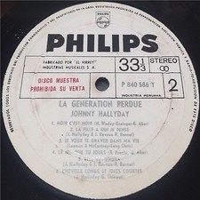 JOHNNY HALLYDAY "La generation perdue" MADE IN PERU, PROMO, WHITE LABEL, Lp (VG+