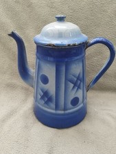 cafetière ancienne en tôle émaillée Bleu Décor Géométrique 