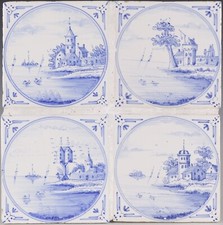 Nice Dutch Delft Blue tile panel, churches and castles, 19th century.