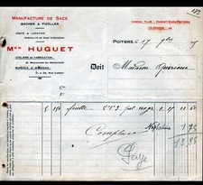 POITIERS (86) USINE de SACS , FICELLES & BACHES "M. HUGUET" Facture en 1915