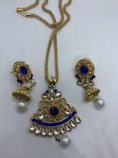 Pakistani Ethnic  Pearl Blue Necklace Handmade Earrings Jewelry Set