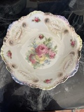ANTIQUE WEST GERMANY BAVARIA LARGE 9" SERVING BOWL PORCELAIN PINK & YELLOW ROSES