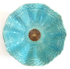 Antique 19C Joseph Holdcroft  Majolica Basketweave Bowl W/Faux Bois Branch Base