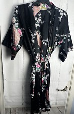 Vtg Oriental Village Silk Collection O/S Black w floral bird print Kimono robe