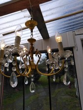 ANCIEN LUSTRE EN BRONZE A PAMPILLES 5 FEUX LUMIERE FRENCH ANTIQUE