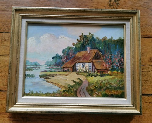Maison bord lac - maison, huile