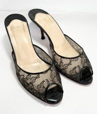 Christian Louboutin Dolly Black Lace Patent Peep Toe Mules Heels Y2K Sz 38 8