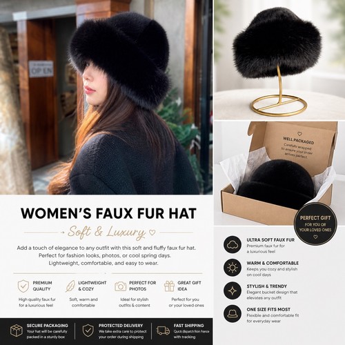 Women faux fur hat - women, black