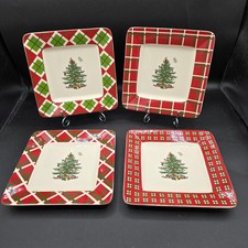 Set of 4 SPODE Christmas Tree TARTAN Collection Canape Plates 7" inch SQUARE