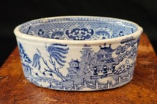 Antique Blue Willow Pattern Transferware Oval Pate Potted Meat Dish
