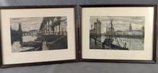 Vintage Pair Bernard Buffet '55 MCM Prints Canal Shipyard City Walnut Frames