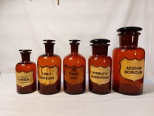 Série de 5 pots et flacons anciens de pharmacie avec bouchons à l'émeri