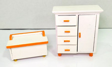 Wooden Armoire and Chest Dollhouse Miniatures White with Orange Trim Set of 2