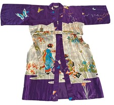 Purple Satin Floral Print Kimono Robe New Size 42”