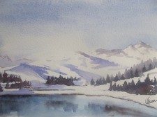 Original Signed Mountain Snow Landscape Watercolor