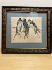 Aquarelle encadrée représentant 4 hirondelles sur un fil par S. GOGUELAT