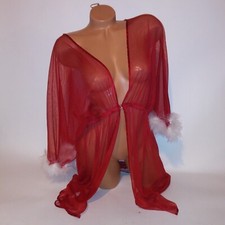 Cinema Etoile Robe Kimono Cover Up 1X Red White Pin Up Sheer Front Close Hook