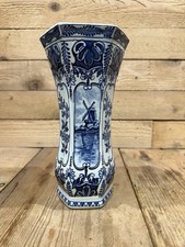 Delfts Royal Sphinx Boch Holland Windmills Floral Blue & White 9" Porcelain Vase