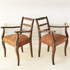 STUNNING PAIR OF VINTAGE ANTIQUE 1940 1950 LEATHER & OAK ARMCHAIRS 40S 50S