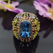 Bague topaze bleue naturelle multi pierres précieuses en argent sterling...