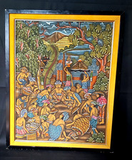 BALI Balinese Naive Art Board Rooster Fighting Scene XXe N°1