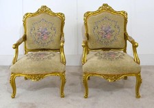 Pair French Gilt Chairs Antique Fauteuils