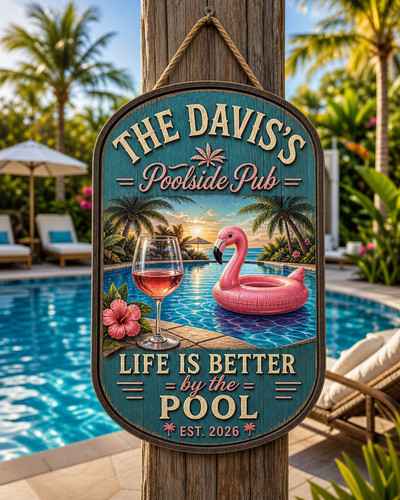 Poolside pub wooden sign - poolside,