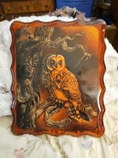 Vtg Handmadeowl Painting on Real Woodplaque. Clear Polyurethane Covered Preowend