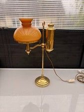 Ancien Grande Lampe Quinquet Globe Opaline Orange Laiton Doré 54cm