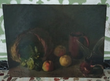 Tableau Ancien Huile Nature Morte Fruits, Oignon et Vin XXème