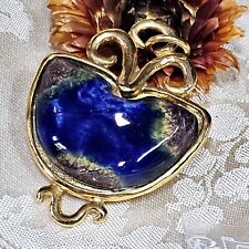 Broche Pendentif Vintage Couture Charlie Métal Doré Céramique Bleue 52x40mm