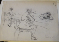 FRENCH SCHOOL XX DRAWING CHARCOAL MILITARY MEN CANTEEN WAR 39/45 WW2 1940