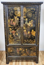 ANTIQUE Asian BLACK Lacquered CHINOISERIE Painted BAR Cabinet ARMOIRE Wardrobe