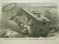 Engraving 1863 - Catastrophe du Ballon Le Géant la nacelle razant ground in Nieuburg
