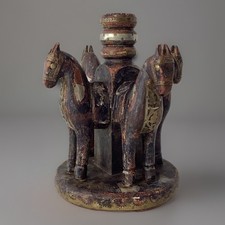 Vintage 1950s Horses Column Brass Wood Patina Collection Candle Holder 