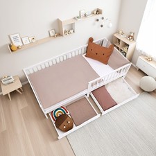 Lit d'enfant 90x200 cm bois de pin blanc avec barrières et 2 tiroirs Homestyle4u