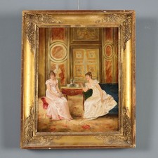 Tableau Moderne Scène de Conversation Huile sur Toile XXe Siècle Original