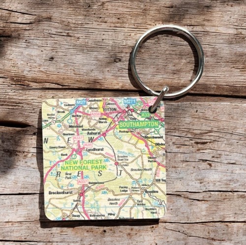 Map wooden square - map, key-ring